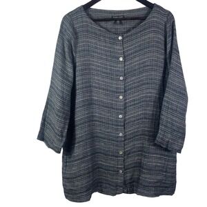 Eileen Fisher 100% Organic Linen Tunic Top Blue Gray Textured‎ Button Front M